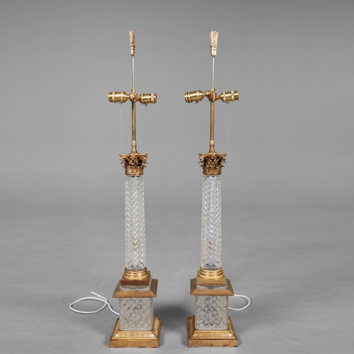 139 - COLUMN FORM TABLE LAMPS, A PAIR. cut glass and gilt metal, 108cm H approx.