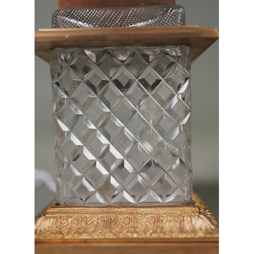 139 - COLUMN FORM TABLE LAMPS, A PAIR. cut glass and gilt metal, 108cm H approx.