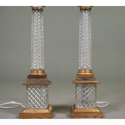 139 - COLUMN FORM TABLE LAMPS, A PAIR. cut glass and gilt metal, 108cm H approx.