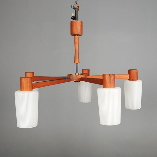 140 - 1960s DANISH TEAK AND GLASS FIVE ARM CHANDELIER. 55cm H x 75cm W.