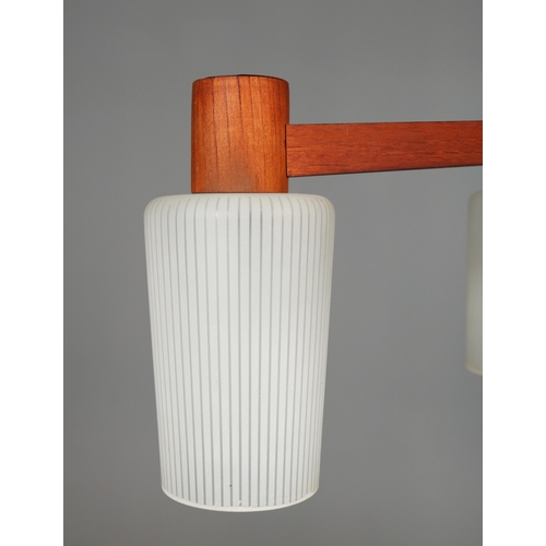 140 - 1960s DANISH TEAK AND GLASS FIVE ARM CHANDELIER. 55cm H x 75cm W.