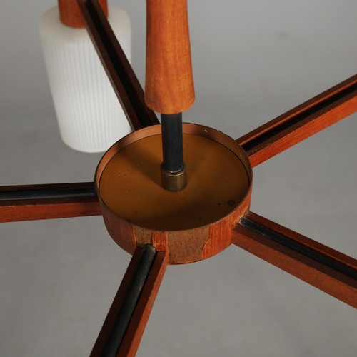 140 - 1960s DANISH TEAK AND GLASS FIVE ARM CHANDELIER. 55cm H x 75cm W.