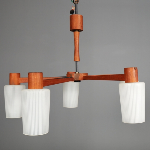 140 - 1960s DANISH TEAK AND GLASS FIVE ARM CHANDELIER. 55cm H x 75cm W.