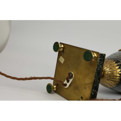 141 - A PAIR OF FRENCH GREEN VARIEGATED MARBLE EMPIRE LAMPS. (3). ormolu mounted with shades. Along with a... 