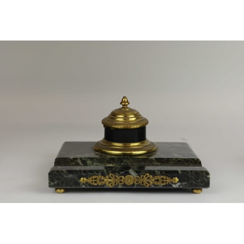 141 - A PAIR OF FRENCH GREEN VARIEGATED MARBLE EMPIRE LAMPS. (3). ormolu mounted with shades. Along with a... 