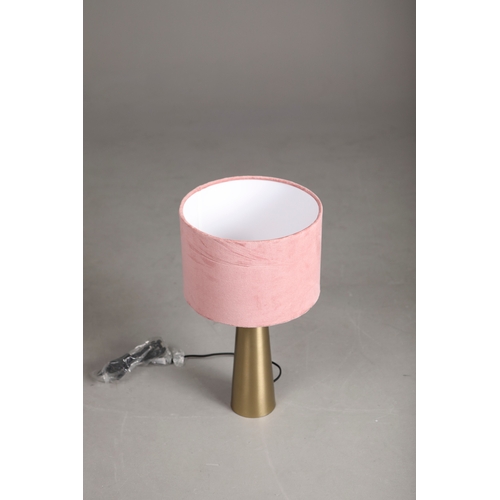 150 - PAIR OF GILT METAL COLUMN TABLE LAMPS WITH PINK SHADES. 53cm H x 31cm W.