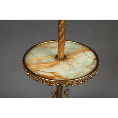 155 - STANDARD LAMP, BRASS. with an alabaster circular tray on a scrolled triform base overall 175 cm t in... 