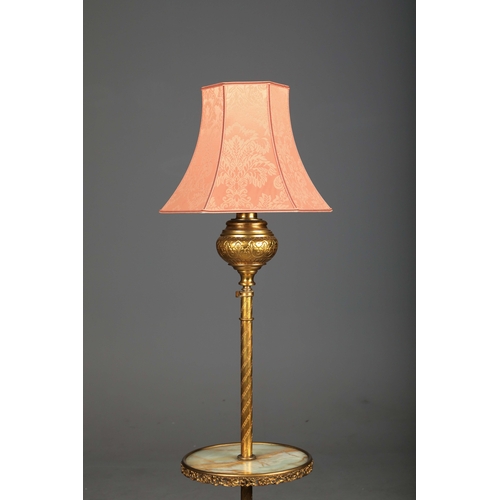 155 - STANDARD LAMP, BRASS. with an alabaster circular tray on a scrolled triform base overall 175 cm t in... 