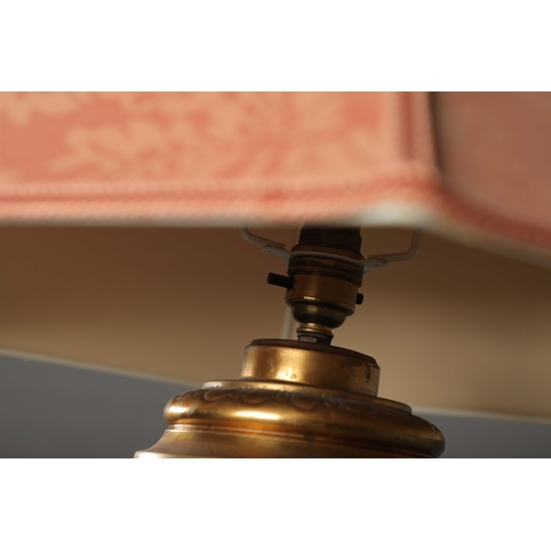 155 - STANDARD LAMP, BRASS. with an alabaster circular tray on a scrolled triform base overall 175 cm t in... 