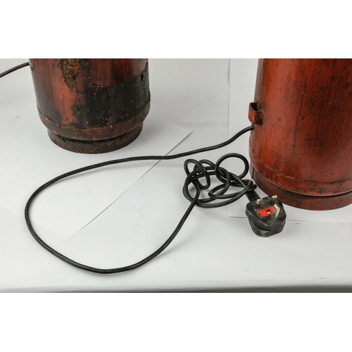 157 - PAIR OF VINTAGE FIRE EXTINGUISHER CONVERTED TABLE LAMPS. 68cm H approx.