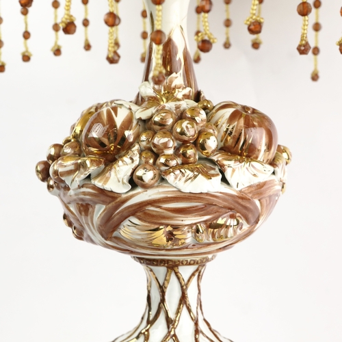 161 - ITALIAN CERAMIC TABLE LAMPS, A PAIR. with beaded shades, 80cm H each approx. (2).