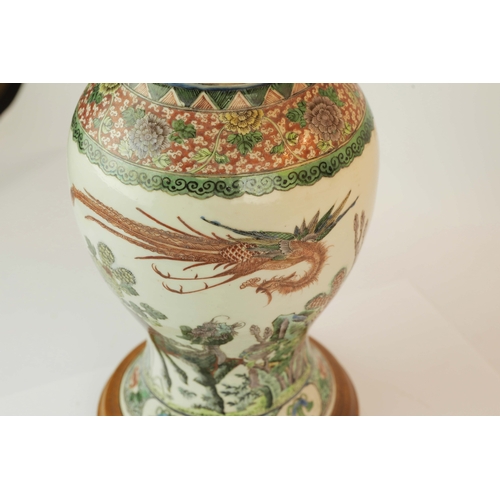 165 - TWO LARGE CHINESE FAMILLE VERTE YEN YEN VASE LAMPS. (2). Qing Dynasty (1644-1911), decorated in gree... 