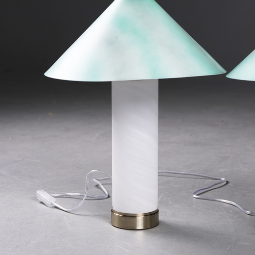 167 - MURANO STYLE GLASS TABLE LAMPS, A PAIR. with painted metal shades, 48cm H each approx. (2).