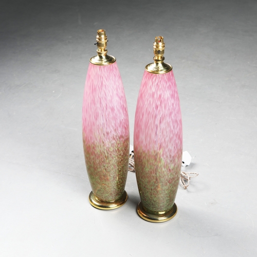 174 - MURANO STYLE PINK CONFETTI GLASS TABLE LAMPS, A PAIR. brass mounts, 60cm H approx. (2).