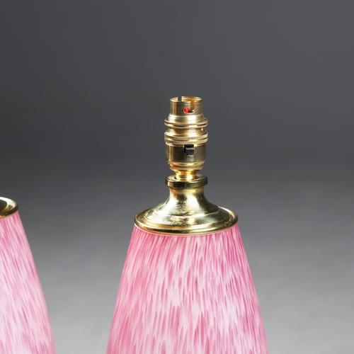 174 - MURANO STYLE PINK CONFETTI GLASS TABLE LAMPS, A PAIR. brass mounts, 60cm H approx. (2).