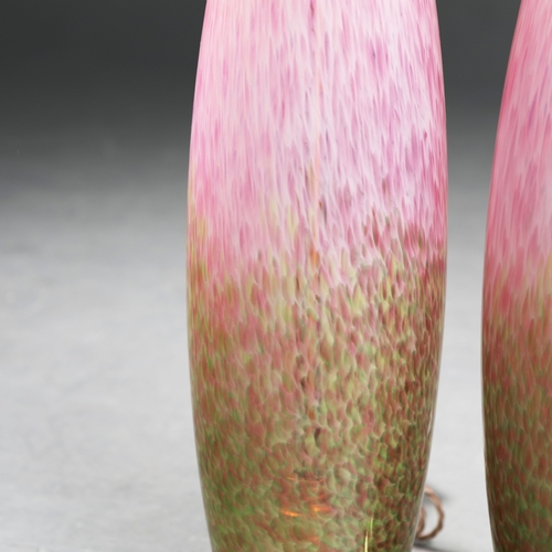 174 - MURANO STYLE PINK CONFETTI GLASS TABLE LAMPS, A PAIR. brass mounts, 60cm H approx. (2).