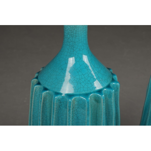 179 - TURQUOISE CRACKLE GLAZED CERAMIC TABLE LAMPS, A PAIR. 61cm H approx. (2).