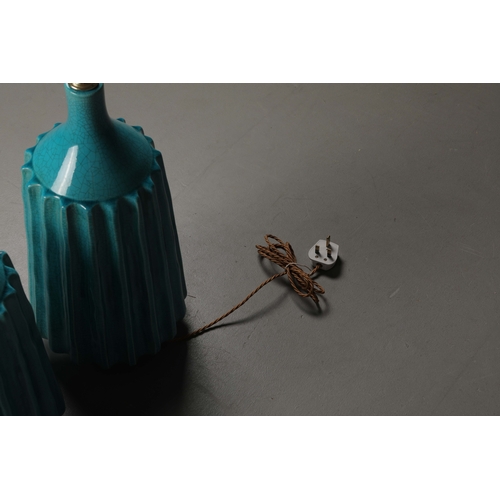 179 - TURQUOISE CRACKLE GLAZED CERAMIC TABLE LAMPS, A PAIR. 61cm H approx. (2).