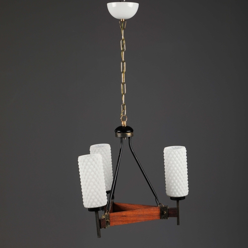 194 - 1960s ITALIAN WOOD AND BRASS PENDANT LIGHT WITH THREE OPALINE GLASS SHADES. 35cm H x 35cm W x 70cm a... 