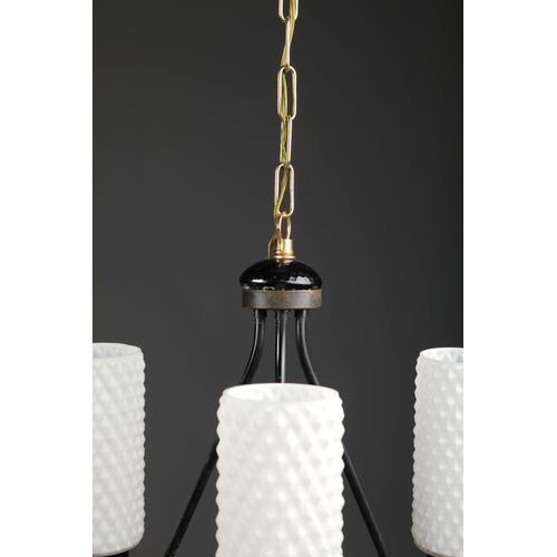 194 - 1960s ITALIAN WOOD AND BRASS PENDANT LIGHT WITH THREE OPALINE GLASS SHADES. 35cm H x 35cm W x 70cm a... 