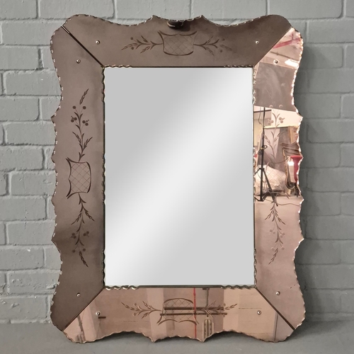 226 - 1940S FRENCH MIRROR. rose pink etched glass, 94cm x 72cm approx.