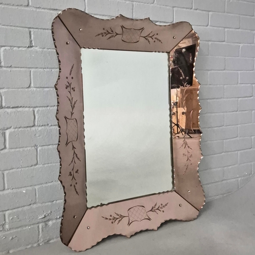 226 - 1940S FRENCH MIRROR. rose pink etched glass, 94cm x 72cm approx.