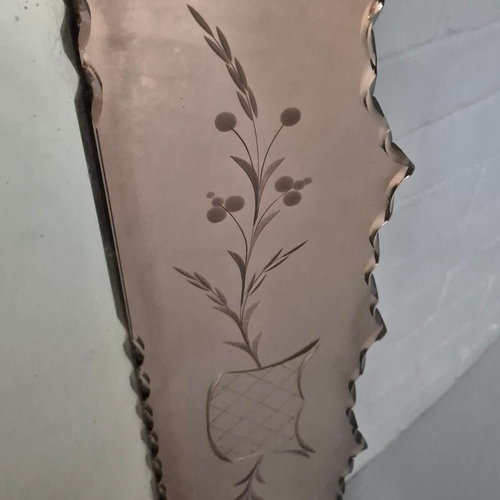 226 - 1940S FRENCH MIRROR. rose pink etched glass, 94cm x 72cm approx.