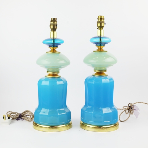27 - CENEDESE MURANO GLASS TABLE LAMPS, A PAIR. opaline blue glass, 46cm H approx. (2).