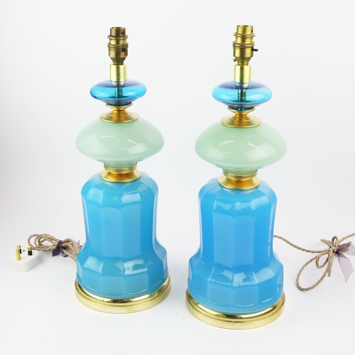 27 - CENEDESE MURANO GLASS TABLE LAMPS, A PAIR. opaline blue glass, 46cm H approx. (2).