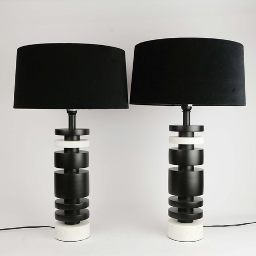 37 - ROBERT LANGFORD TABLE LAMPS, A PAIR, BLACK DISCS WITH WHITE MARBLE. with black shades, each overall ... 