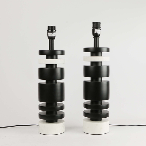 37 - ROBERT LANGFORD TABLE LAMPS, A PAIR, BLACK DISCS WITH WHITE MARBLE. with black shades, each overall ... 