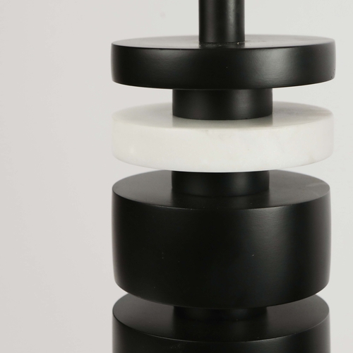 37 - ROBERT LANGFORD TABLE LAMPS, A PAIR, BLACK DISCS WITH WHITE MARBLE. with black shades, each overall ... 