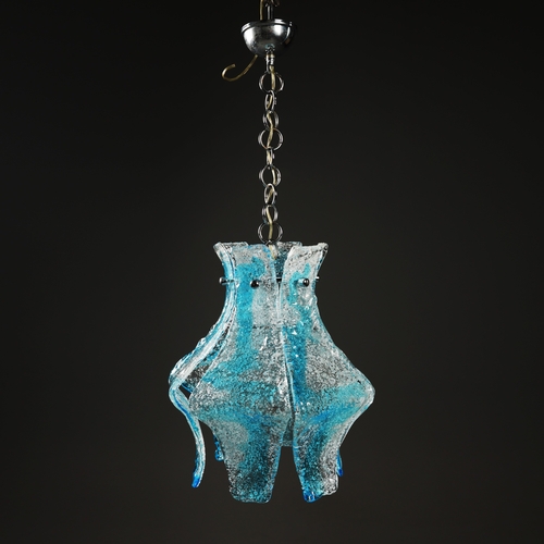 58 - 1970s ITALIAN MAZZEGA MURANO BLUE GLASS PENDANT LIGHT BY CARLO NASON. 40cm H x 36cm W x 70cm drop.