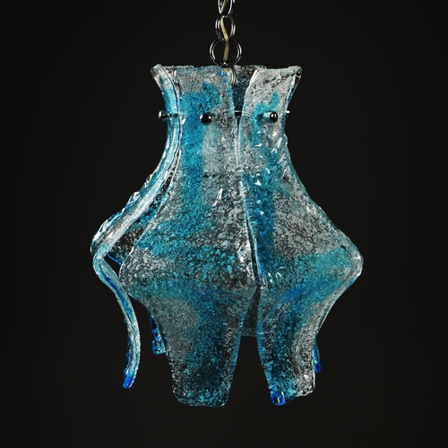 58 - 1970s ITALIAN MAZZEGA MURANO BLUE GLASS PENDANT LIGHT BY CARLO NASON. 40cm H x 36cm W x 70cm drop.