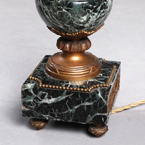 57 - LOUIS XVI STYLE VERT DE MER MARBLE TABLE LAMPS, A PAIR. simulated marble tops, ormolu mounts. (2).