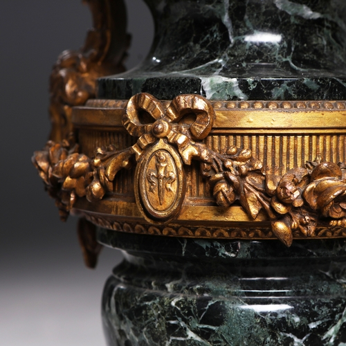 57 - LOUIS XVI STYLE VERT DE MER MARBLE TABLE LAMPS, A PAIR. simulated marble tops, ormolu mounts. (2).