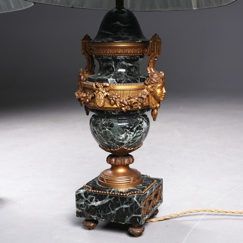 57 - LOUIS XVI STYLE VERT DE MER MARBLE TABLE LAMPS, A PAIR. simulated marble tops, ormolu mounts. (2).