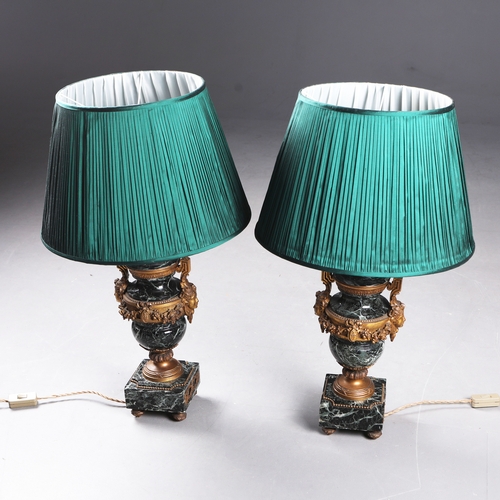 57 - LOUIS XVI STYLE VERT DE MER MARBLE TABLE LAMPS, A PAIR. simulated marble tops, ormolu mounts. (2).