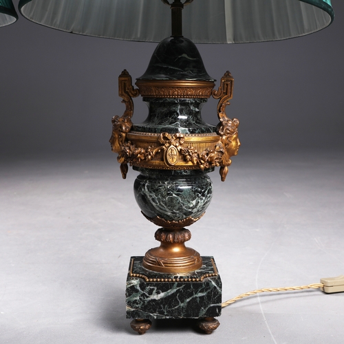 57 - LOUIS XVI STYLE VERT DE MER MARBLE TABLE LAMPS, A PAIR. simulated marble tops, ormolu mounts. (2).