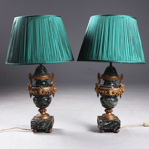 57 - LOUIS XVI STYLE VERT DE MER MARBLE TABLE LAMPS, A PAIR. simulated marble tops, ormolu mounts. (2).