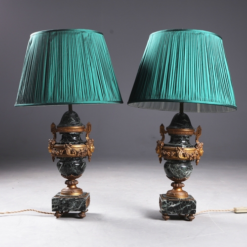 57 - LOUIS XVI STYLE VERT DE MER MARBLE TABLE LAMPS, A PAIR. simulated marble tops, ormolu mounts. (2).