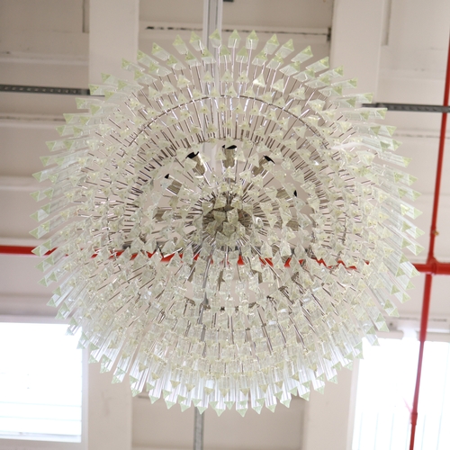 16 - BELLA FIGURA MURANO GLASS CHANDELIER. triedri drops on drum form frame, 100cm diam. approx.