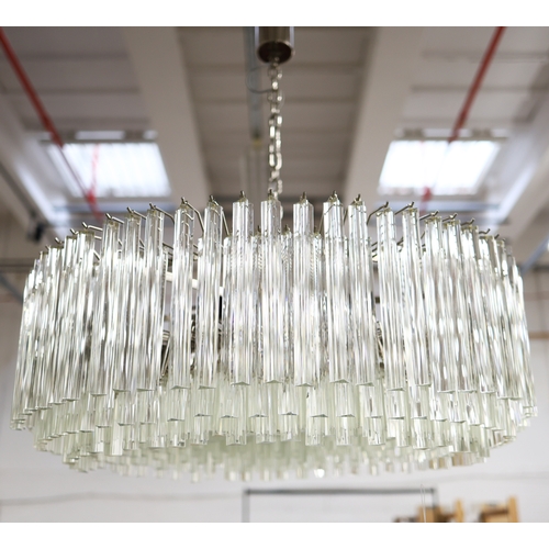 16 - BELLA FIGURA MURANO GLASS CHANDELIER. triedri drops on drum form frame, 100cm diam. approx.