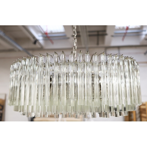 16 - BELLA FIGURA MURANO GLASS CHANDELIER. triedri drops on drum form frame, 100cm diam. approx.