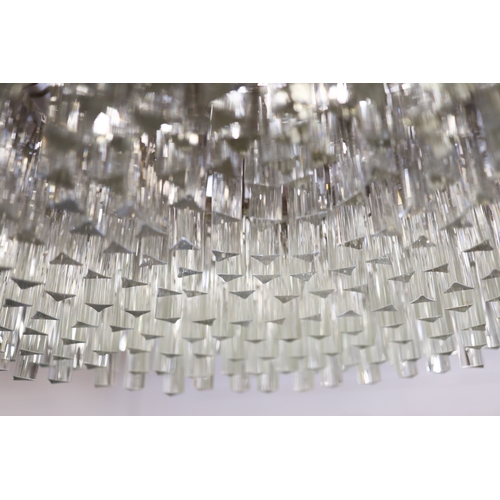 16 - BELLA FIGURA MURANO GLASS CHANDELIER. triedri drops on drum form frame, 100cm diam. approx.