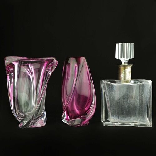 240 - TWO VAL SAINT LAMBERT HAND BLOWN VASES AND A DECANTER. the vases both of freeform design, in pink co... 