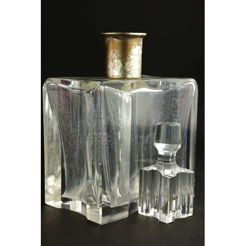 240 - TWO VAL SAINT LAMBERT HAND BLOWN VASES AND A DECANTER. the vases both of freeform design, in pink co... 