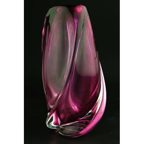 240 - TWO VAL SAINT LAMBERT HAND BLOWN VASES AND A DECANTER. the vases both of freeform design, in pink co... 