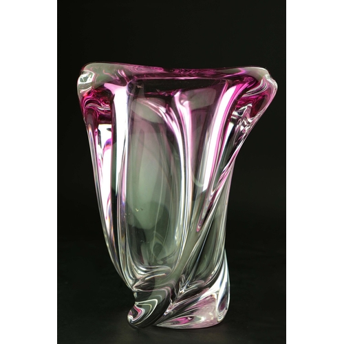 240 - TWO VAL SAINT LAMBERT HAND BLOWN VASES AND A DECANTER. the vases both of freeform design, in pink co... 