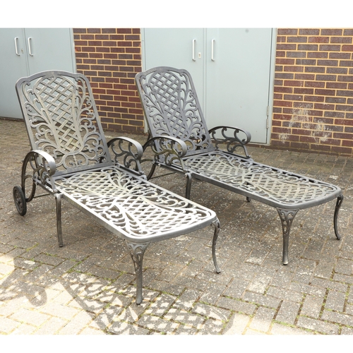 186 - PAIR OF CAST METAL SUN LOUNGERS (2). adjustable backs, 103cm H x 70cm W x 178cm L, 213cm L back down... 